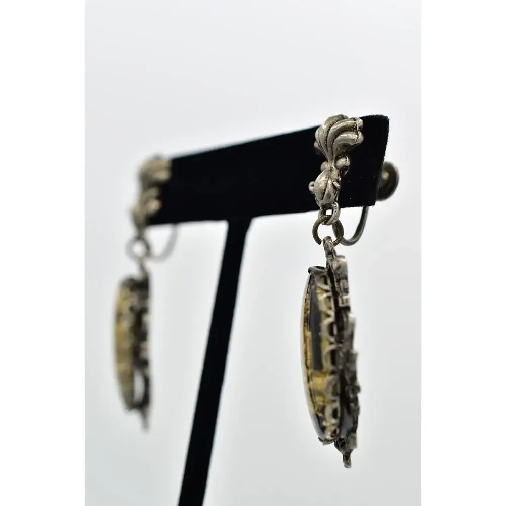 Vintage Buddha Screw Back Earrings Antiqued Silver Glass Gold Dangle 1930s BinBK